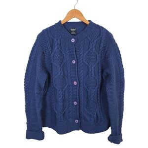 Paul James Made in England 100% Wool Blue Cable Knit Cardigan Sweater Large